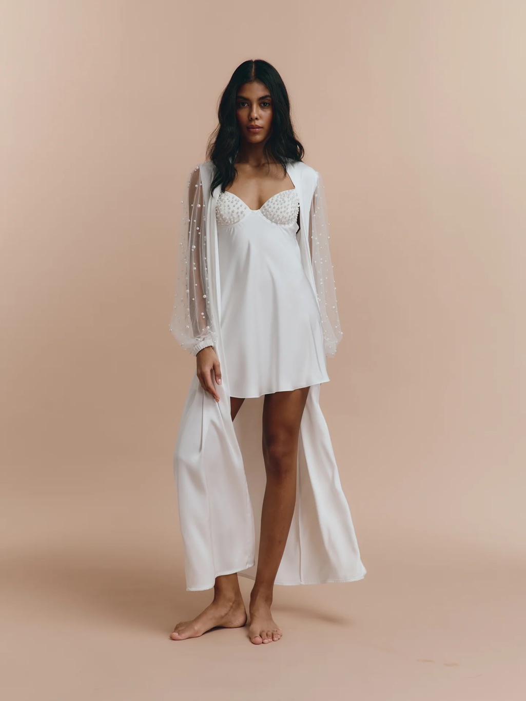 Pearl-Embellished White Sheer-Sleeve Wrap Robe — image 8 of 8